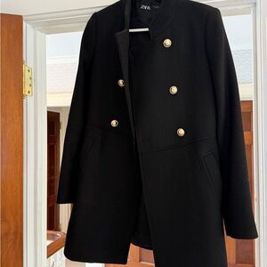 Zara Black Double-Breasted Coat with Gold Buttons